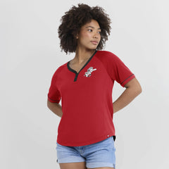 Cincinnati Reds Fanatics Women's Cooperstown Collection League Diva Raglan V-Neck T-Shirt Lifestyle