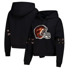Cleveland Browns Cuce Women's Cropped Sequins Pullover Hoodie Black - NFL