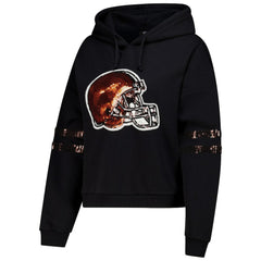 Cleveland Browns Cuce Women's Cropped Sequins Pullover Hoodie Black - NFL