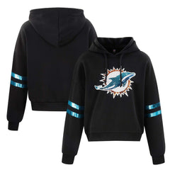 Miami Dolphins Cuce Women's Cropped Sequins Pullover Hoodie Black - NFL