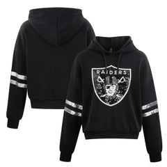 Las Vegas Raiders Cuce Women's Cropped Sequins Pullover Hoodie Black - NFL