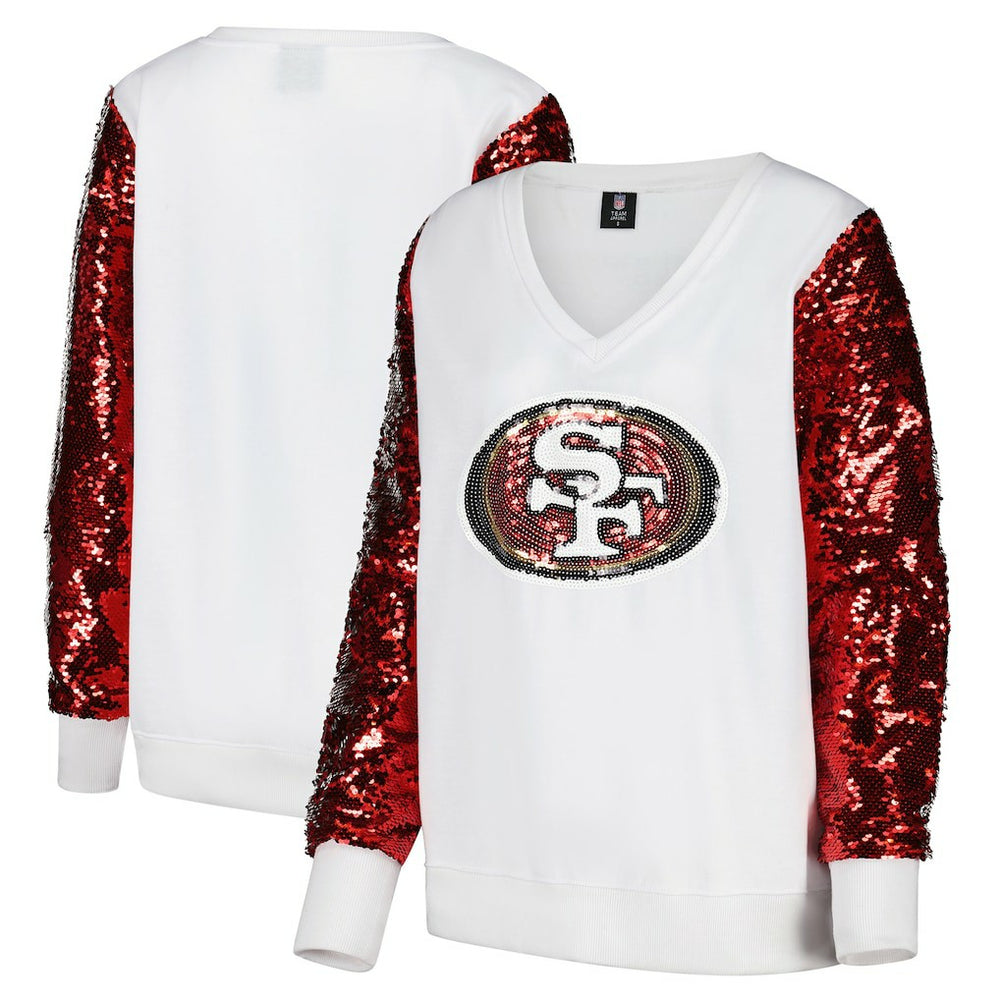 San Francisco 49ers Cuce Women's Sequin Sleeve V-Neck Pullover Sweatshirt- White - NFL