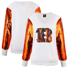 Cincinnati Bengals Cuce Women's Sequin Sleeve V-Neck Pullover Sweatshirt- White - NFL