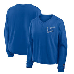 St. Louis Blues - Fanatics Women's Oversized All Out Effort Long Sleeve Henley T-Shirt Blue