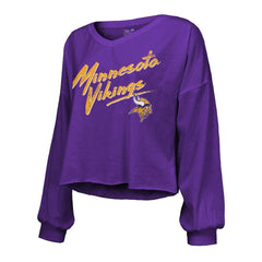 J.J. McCarthy Minnesota Vikings Majestic Threads Women's Name & Number Off-Shoulder Script Cropped Long Sleeve V-Neck T-Shirt Purple - NFL