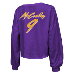J.J. McCarthy Minnesota Vikings Majestic Threads Women's Name & Number Off-Shoulder Script Cropped Long Sleeve V-Neck T-Shirt Purple - NFL