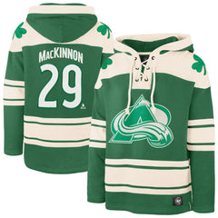 Nathan MacKinnon Colorado Avalanche - '47 St. Patrick's Day Player Name & Number Lacer Pullover Hoodie Kelly Green