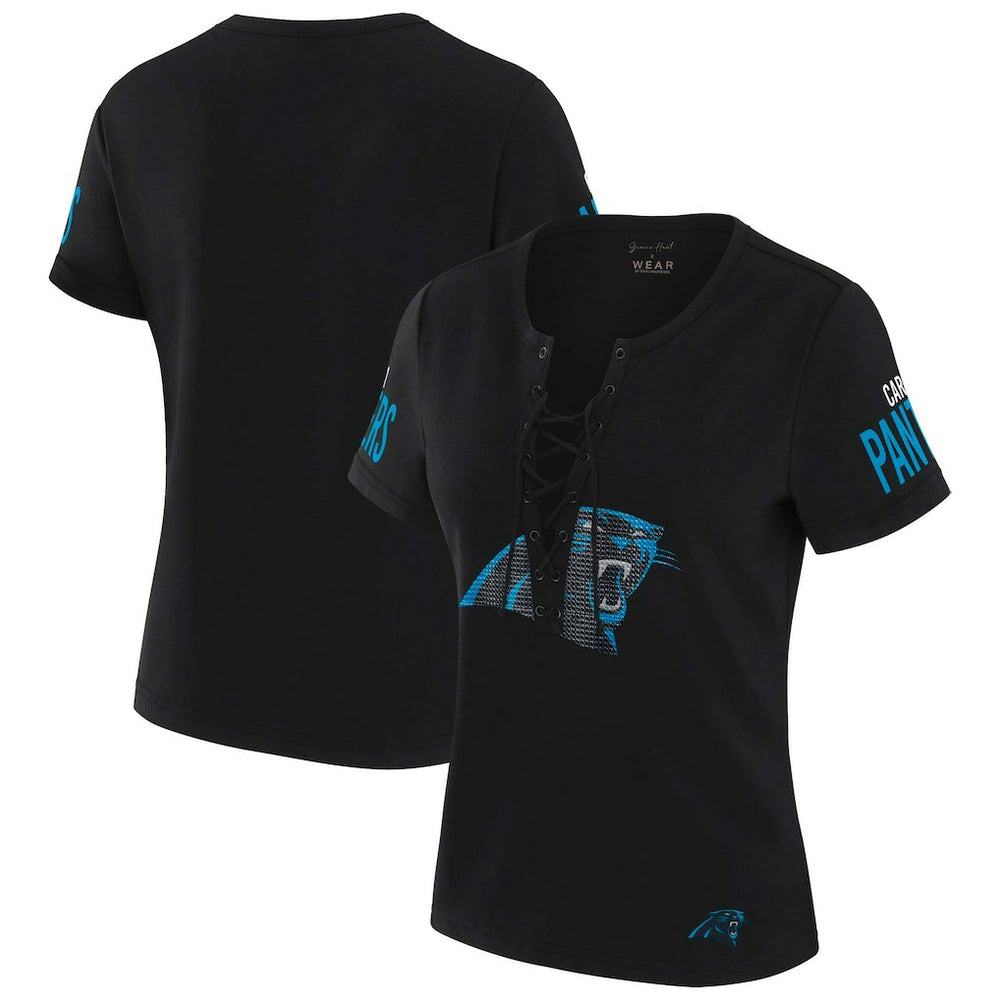 Carolina Panthers WEAR by Erin Andrews x Gracie Hunt Women's Draft Me Lace-Up T-Shirt Black - NFL