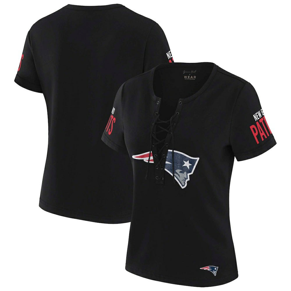 New England Patriots WEAR by Erin Andrews x Gracie Hunt Women's Draft Me Lace-Up T-Shirt Black - NFL