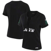 New York Jets WEAR by Erin Andrews x Gracie Hunt Women's Draft Me Lace-Up T-Shirt Black - NFL