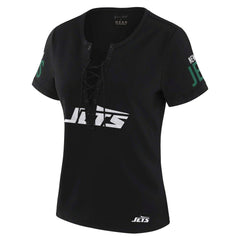 New York Jets WEAR by Erin Andrews x Gracie Hunt Women's Draft Me Lace-Up T-Shirt Black - NFL