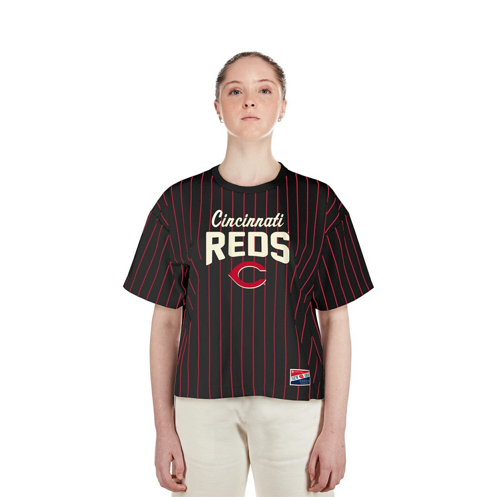 Cincinnati Reds New Era Women's Cooperstown Collection Multiplier Pinstripe Cropped T-Shirt Lifestyle