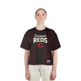 Cincinnati Reds New Era Women's Cooperstown Collection Multiplier Pinstripe Cropped T-Shirt Lifestyle