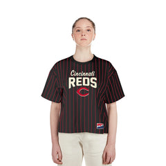 Cincinnati Reds New Era Women's Cooperstown Collection Multiplier Pinstripe Cropped T-Shirt Lifestyle