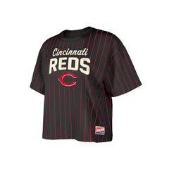Cincinnati Reds New Era Women's Cooperstown Collection Multiplier Pinstripe Cropped T-Shirt Lifestyle
