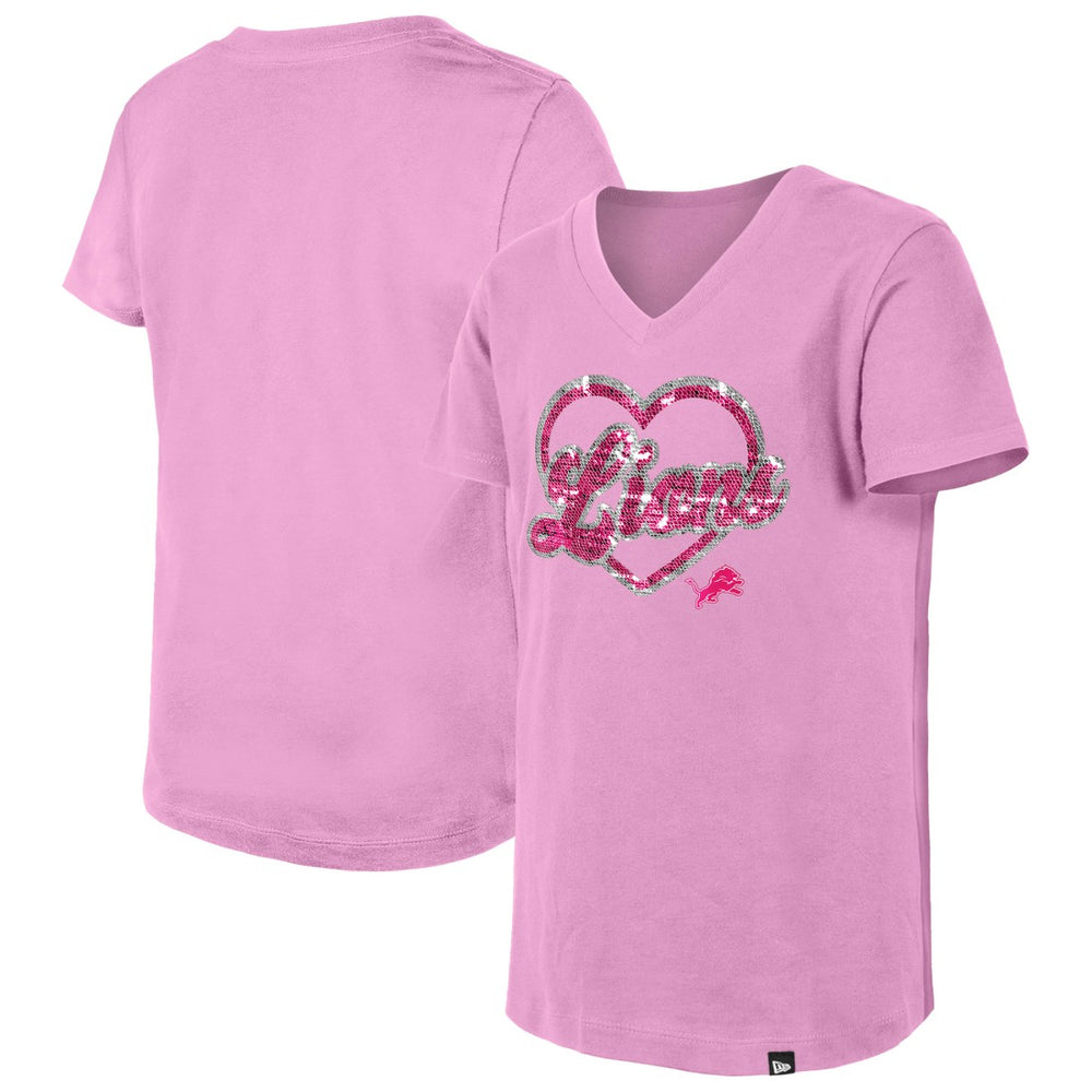 Detroit Lions New Era Girls Youth Flip Sequins V-Neck T-Shirt Pink - NFL