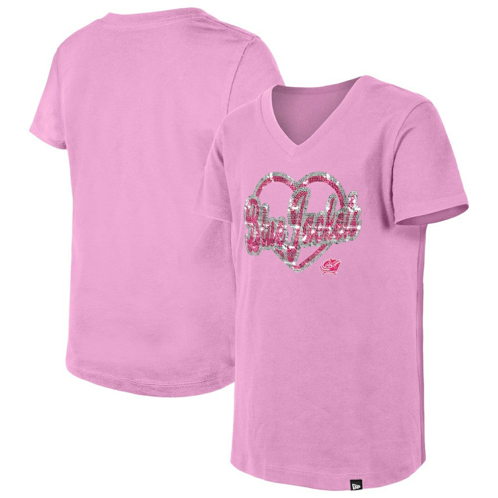 Columbus Blue Jackets - New Era Girl's Youth Flip Sequin V-Neck T-Shirt Pink