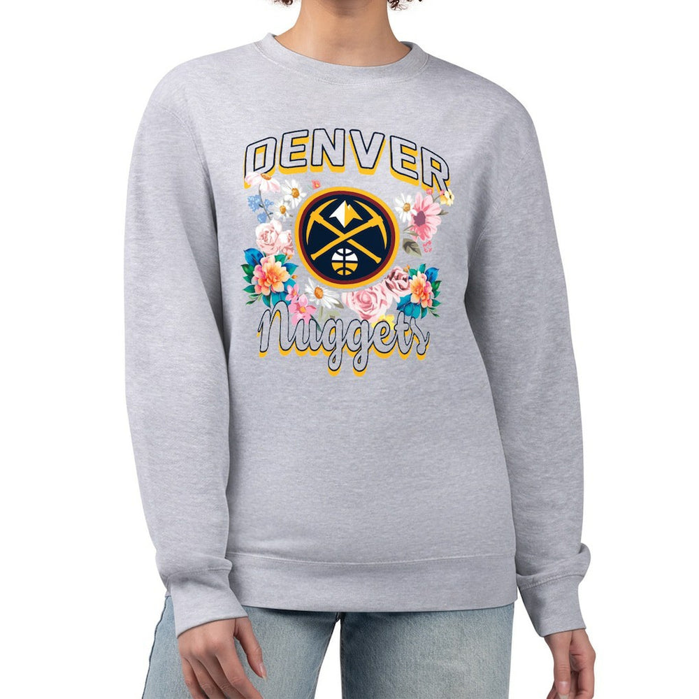 NBA - Denver Nuggets G-III 4Her by Carl Banks Women's Flowers Team Logo Graphic Fleece Crewneck Pullover Sweatshirt - Heather Gray