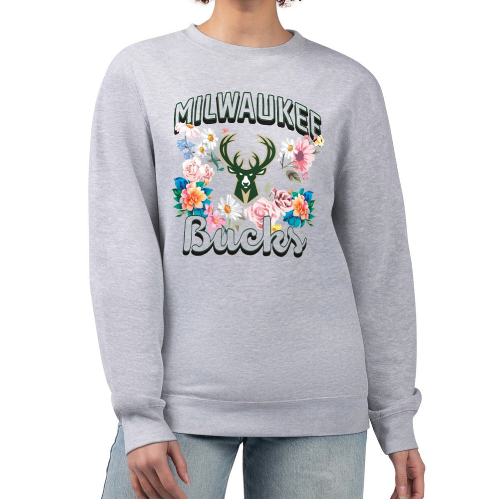 NBA - Milwaukee Bucks G-III 4Her by Carl Banks Women's Flowers Team Logo Graphic Fleece Crewneck Pullover Sweatshirt - Heather Gray