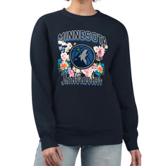 NBA - Minnesota Timberwolves G-III 4Her by Carl Banks Women's Flowers Team Logo Graphic Fleece Crewneck Pullover Sweatshirt - Navy