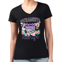 NBA - Sacramento Kings G-III 4Her by Carl Banks Women's Super-Slim Fit Lightweight Flowers Team Logo Graphic V-Neck T-Shirt - Black
