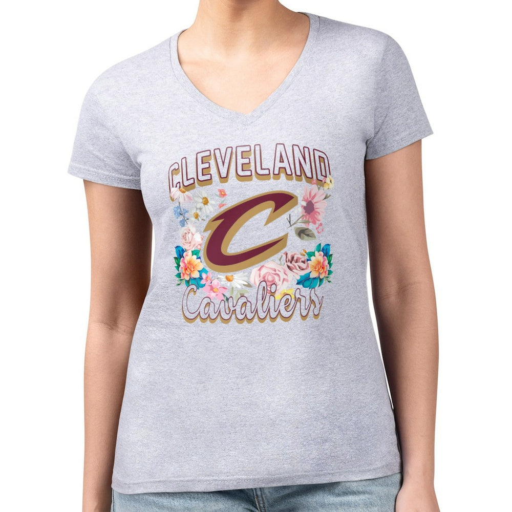 NBA - Cleveland Cavaliers G-III 4Her by Carl Banks Women's Super-Slim Fit Lightweight Flowers Team Logo Graphic V-Neck T-Shirt - Heather Gray