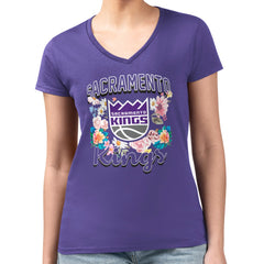 NBA - Sacramento Kings G-III 4Her by Carl Banks Women's Super-Slim Fit Lightweight Flowers Team Logo Graphic V-Neck T-Shirt - Purple
