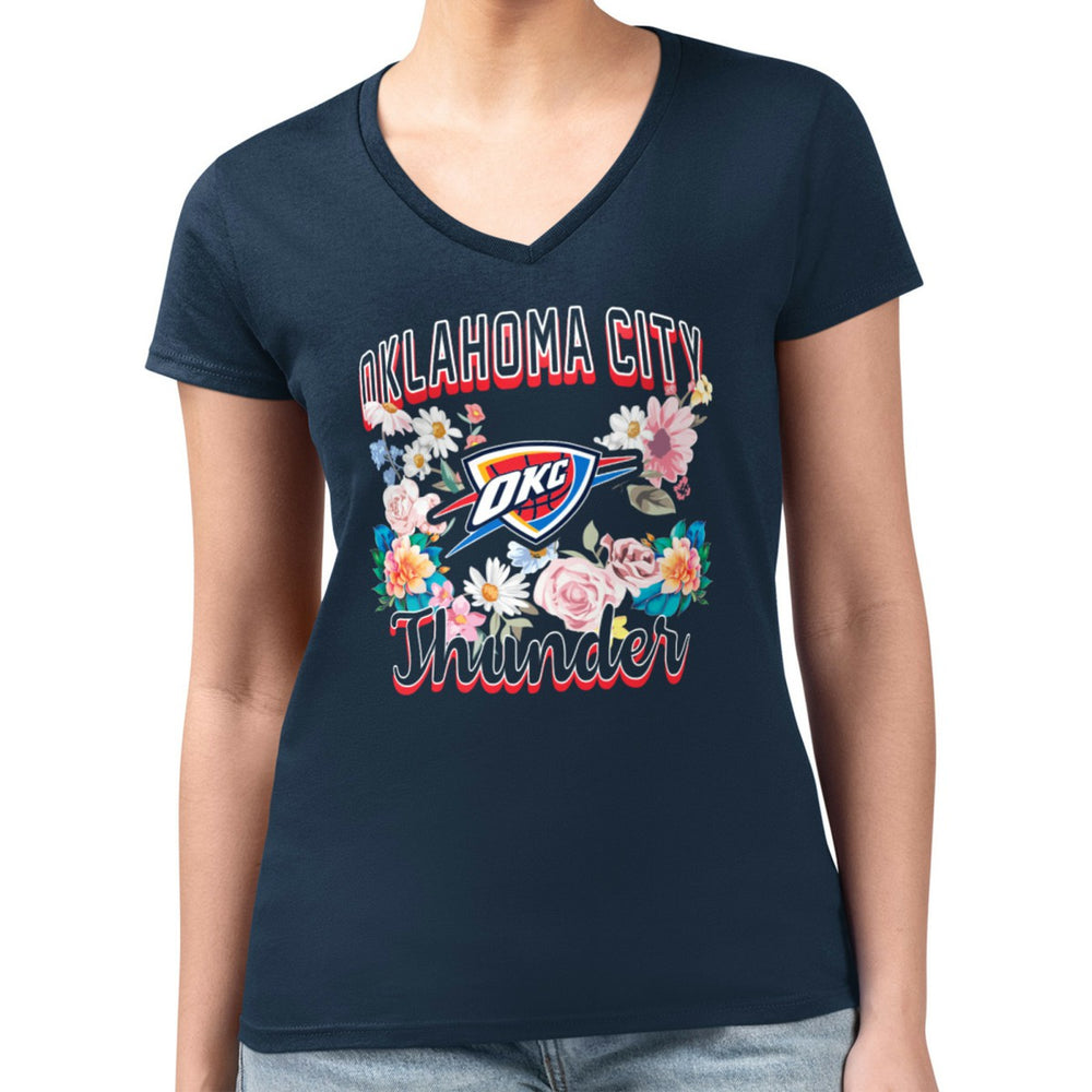 NBA - Oklahoma City Thunder G-III 4Her by Carl Banks Women's Super-Slim Fit Lightweight Flowers Team Logo Graphic V-Neck T-Shirt - Navy