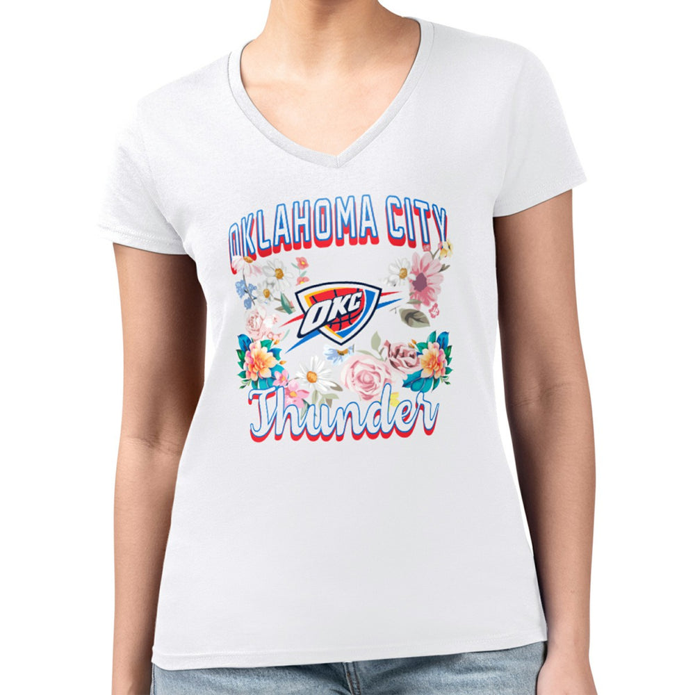NBA - Oklahoma City Thunder G-III 4Her by Carl Banks Women's Super-Slim Fit Lightweight Flowers Team Logo Graphic V-Neck T-Shirt - White