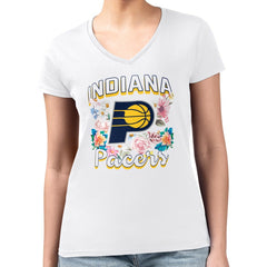 NBA - Indiana Pacers G-III 4Her by Carl Banks Women's Super-Slim Fit Lightweight Flowers Team Logo Graphic V-Neck T-Shirt - White