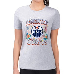 Edmonton Oilers - G-III 4Her by Carl Banks Women's Super-Slim Fit Lightweight Flower Logo T-Shirt Heather Gray