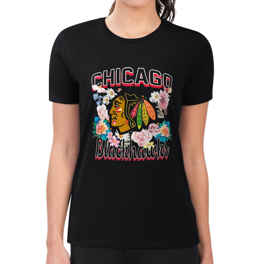 Chicago Blackhawks G-III 4Her by Carl Banks Women's Super-Slim Fit Lightweight Flower Logo T-Shirt Black