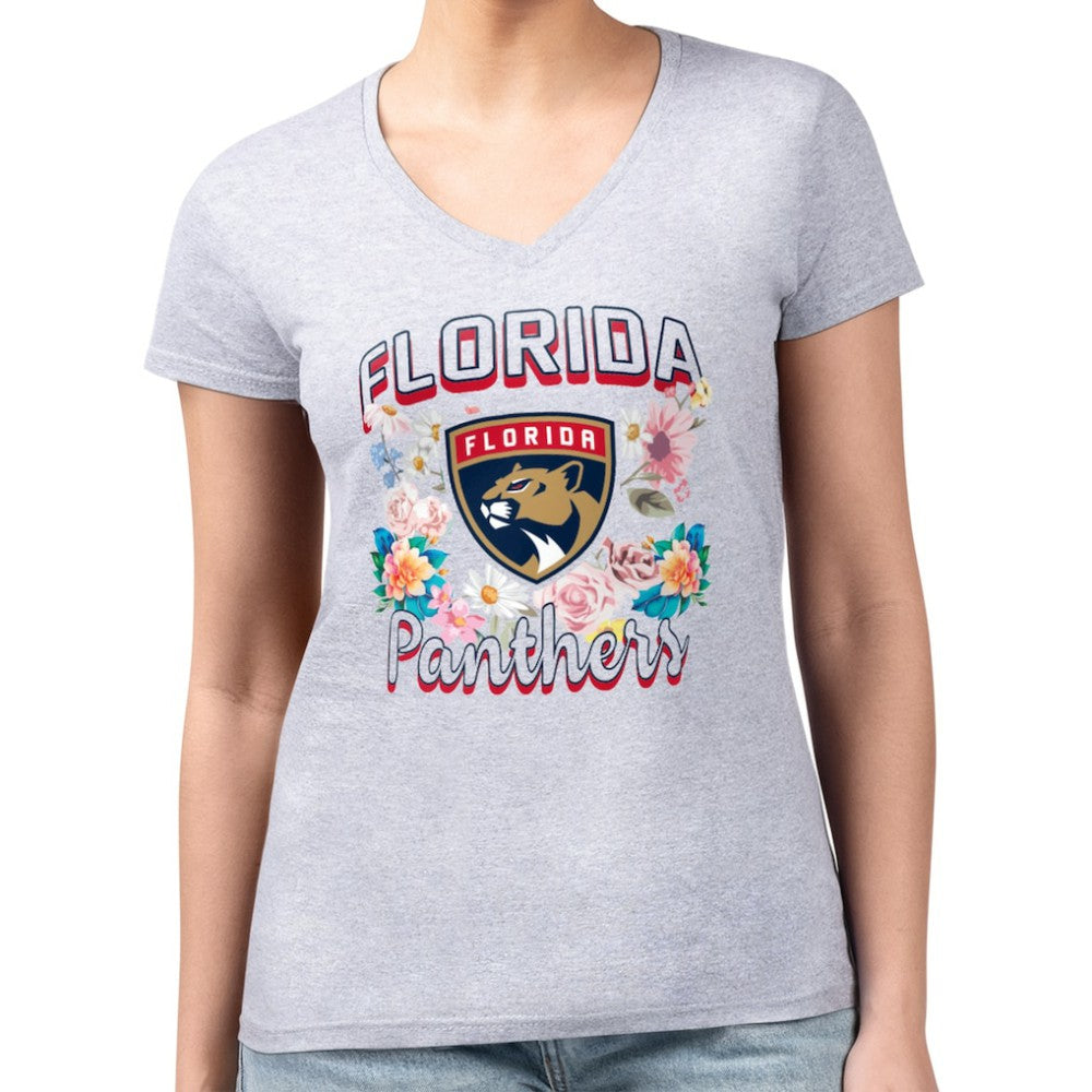 Florida Panthers - G-III 4Her by Carl Banks Women's Super-Slim Fit Lightweight Flower Logo V-Neck T-Shirt Heather Gray