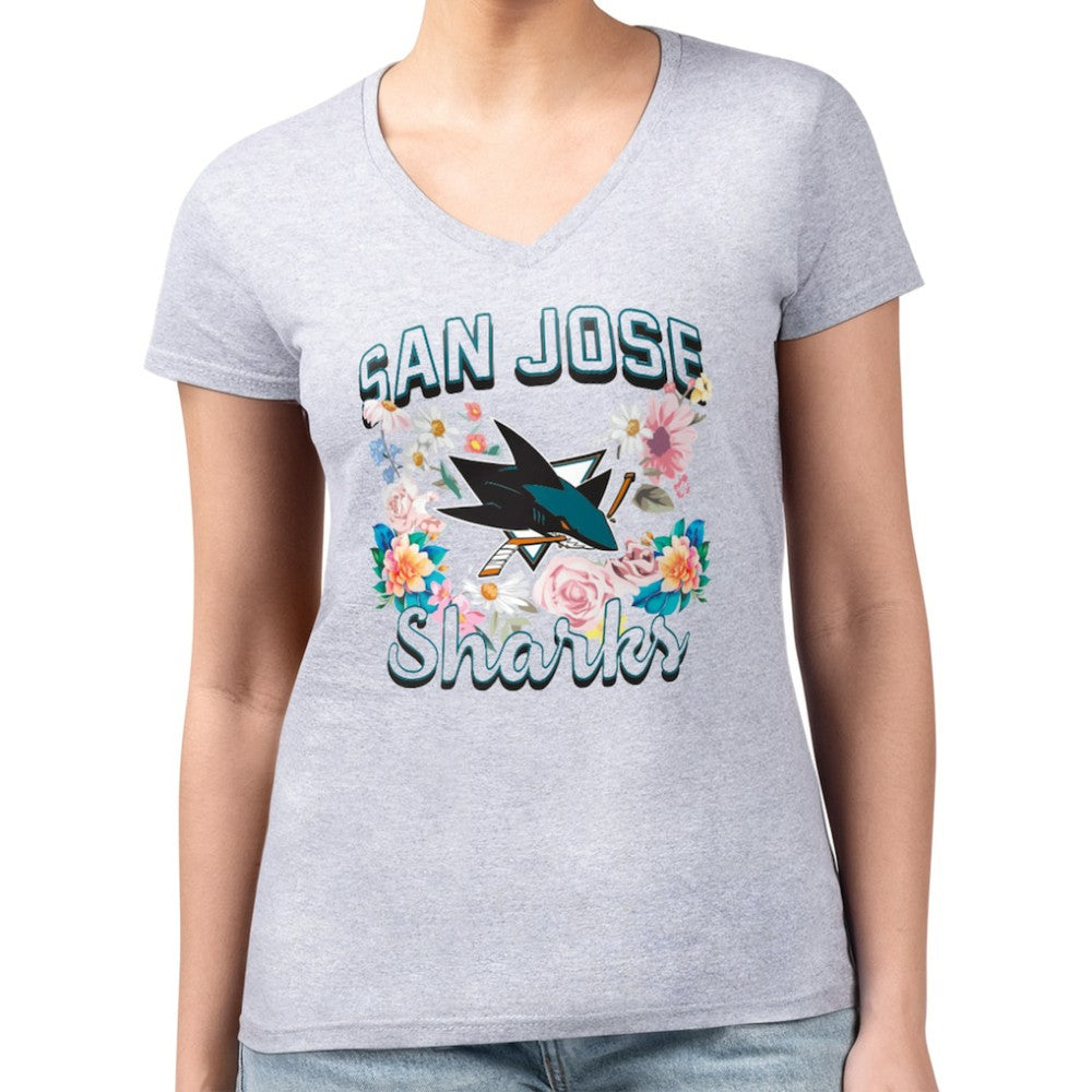 San Jose Sharks - G-III 4Her by Carl Banks Women's Super-Slim Fit Lightweight Flower Logo V-Neck T-Shirt Heather Gray