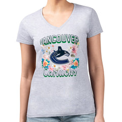 Vancouver Canucks - G-III 4Her by Carl Banks Women's Super-Slim Fit Lightweight Flower Logo V-Neck T-Shirt Heather Gray