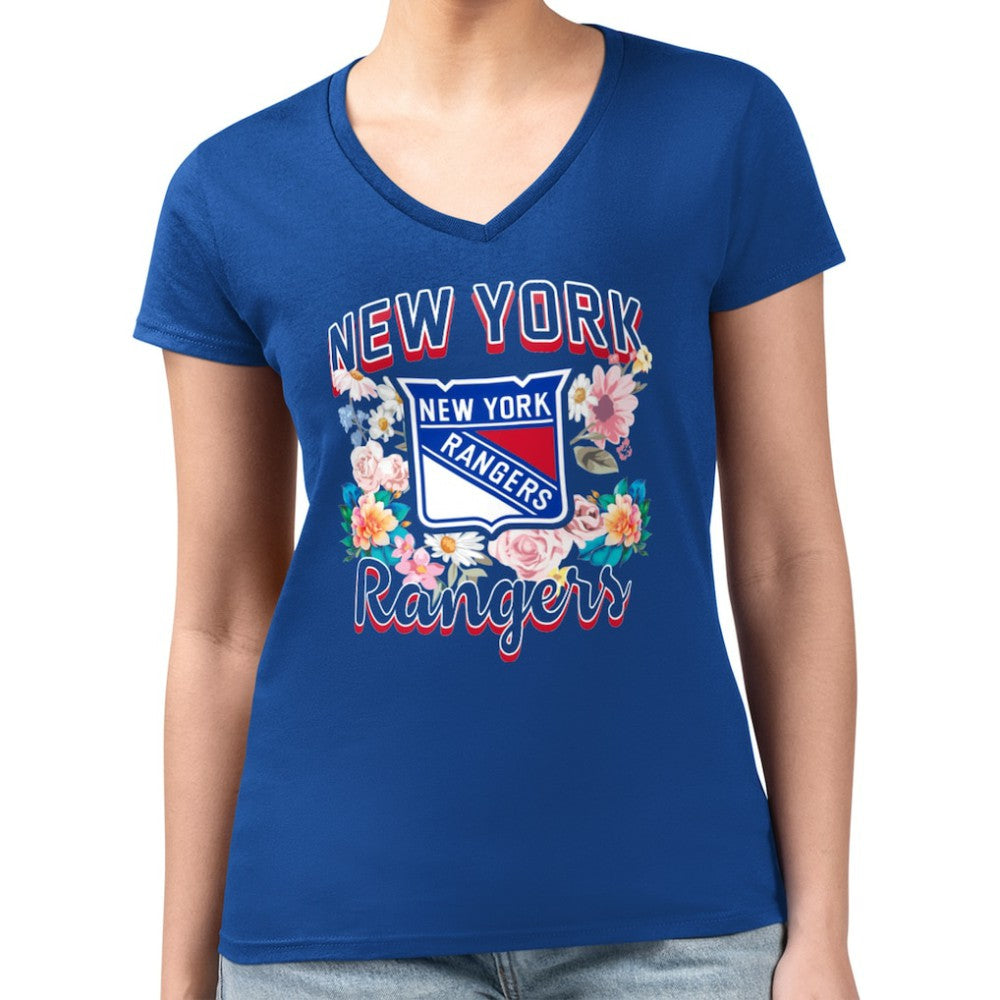 New York Rangers G-III 4Her by Carl Banks Women's Super-Slim Fit Lightweight Flower Logo V-Neck T-Shirt Blue