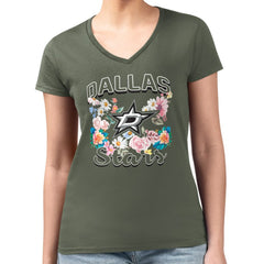 Dallas Stars - G-III 4Her by Carl Banks Women's Super-Slim Fit Lightweight Flower Logo V-Neck T-Shirt Green