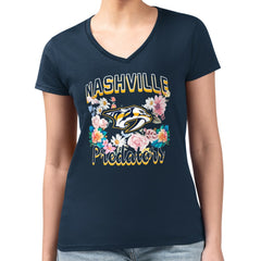 Nashville Predators - G-III 4Her by Carl Banks Women's Super-Slim Fit Lightweight Flower Logo V-Neck T-Shirt Navy