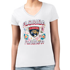 Florida Panthers - G-III 4Her by Carl Banks Women's Super-Slim Fit Lightweight Flower Logo V-Neck T-Shirt White