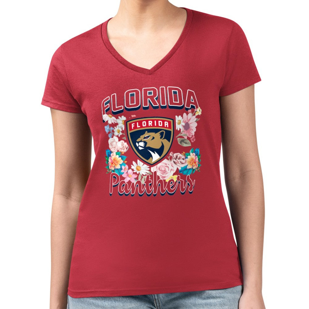 Florida Panthers - G-III 4Her by Carl Banks Women's Super-Slim Fit Lightweight Flower Logo V-Neck T-Shirt Red