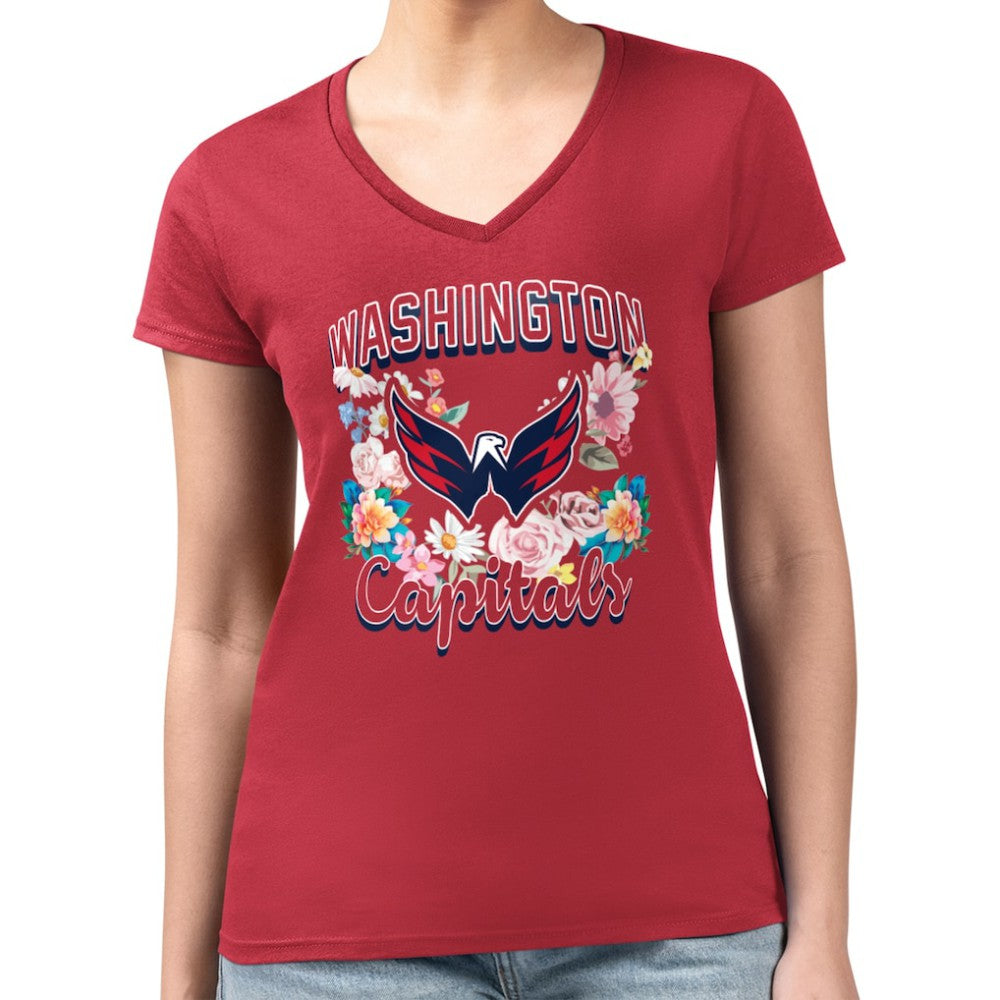 Washington Capitals G-III 4Her by Carl Banks Women's Super-Slim Fit Lightweight Flower Logo V-Neck T-Shirt Red
