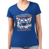 Edmonton Oilers - G-III 4Her by Carl Banks Women's Super-Slim Fit Lightweight Flower Logo V-Neck T-Shirt Royal