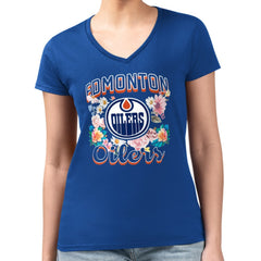 Edmonton Oilers - G-III 4Her by Carl Banks Women's Super-Slim Fit Lightweight Flower Logo V-Neck T-Shirt Royal