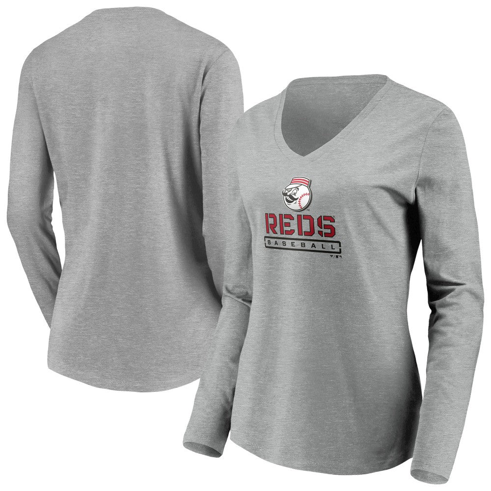 Cincinnati Reds Women's Evanston Stencil Long Sleeve V-Neck T-Shirt Clearance