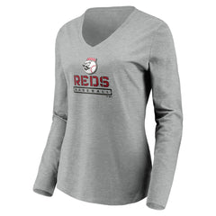 Cincinnati Reds Women's Evanston Stencil Long Sleeve V-Neck T-Shirt Clearance