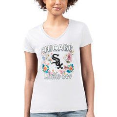 Chicago White Sox G-III 4Her by Carl Banks Women's Super-Slim Fit Lightweight Flowers Graphic V-Neck T-Shirt Clearance