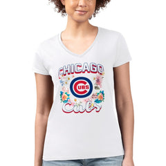 Chicago Cubs G-III 4Her by Carl Banks Women's Super-Slim Fit Lightweight Flowers Graphic V-Neck T-Shirt discount