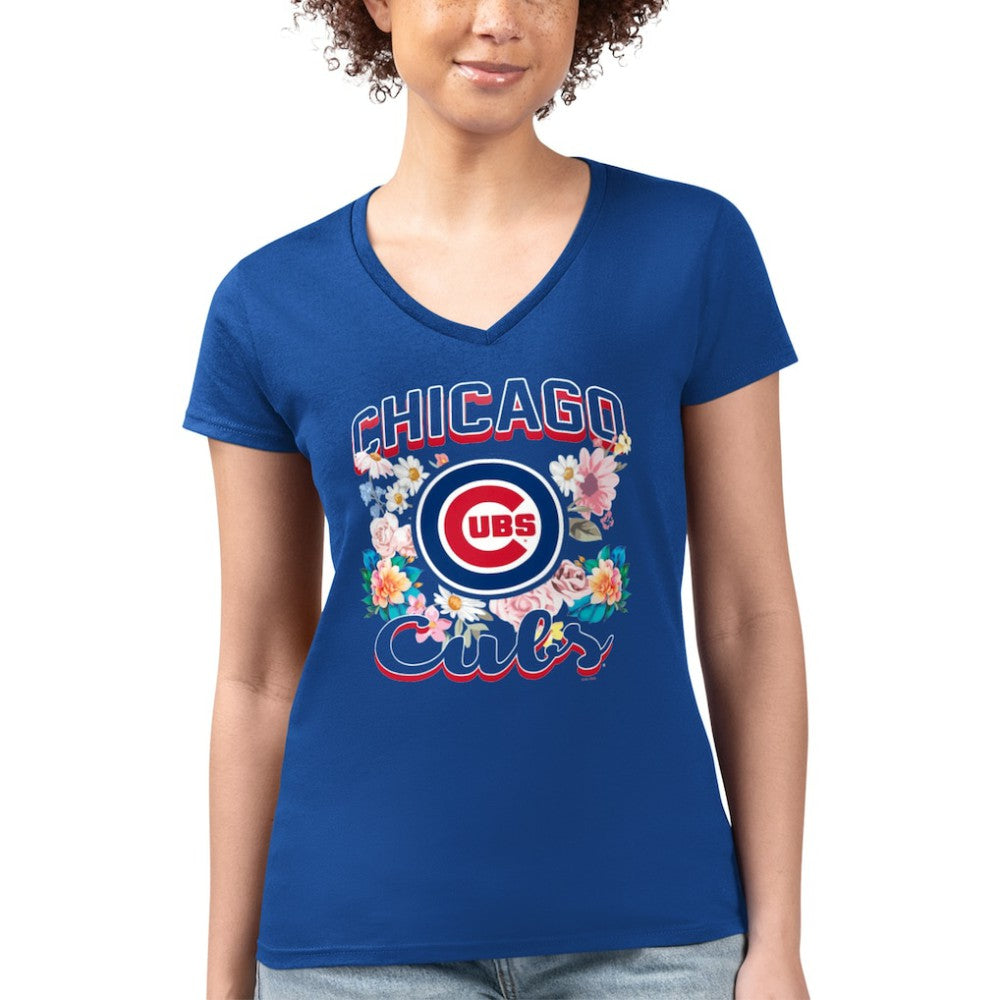 Chicago Cubs G-III 4Her by Carl Banks Women's Super-Slim Fit Lightweight Flowers Graphic V-Neck T-Shirt for sale