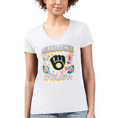 Milwaukee Brewers G-III 4Her by Carl Banks Women's Super-Slim Fit Lightweight Flowers Graphic V-Neck T-Shirt discount