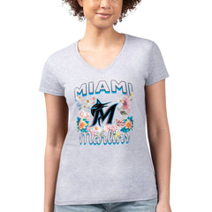 Miami Marlins G-III 4Her by Carl Banks Women's Super-Slim Fit Lightweight Flowers Graphic V-Neck T-Shirt Lifestyle
